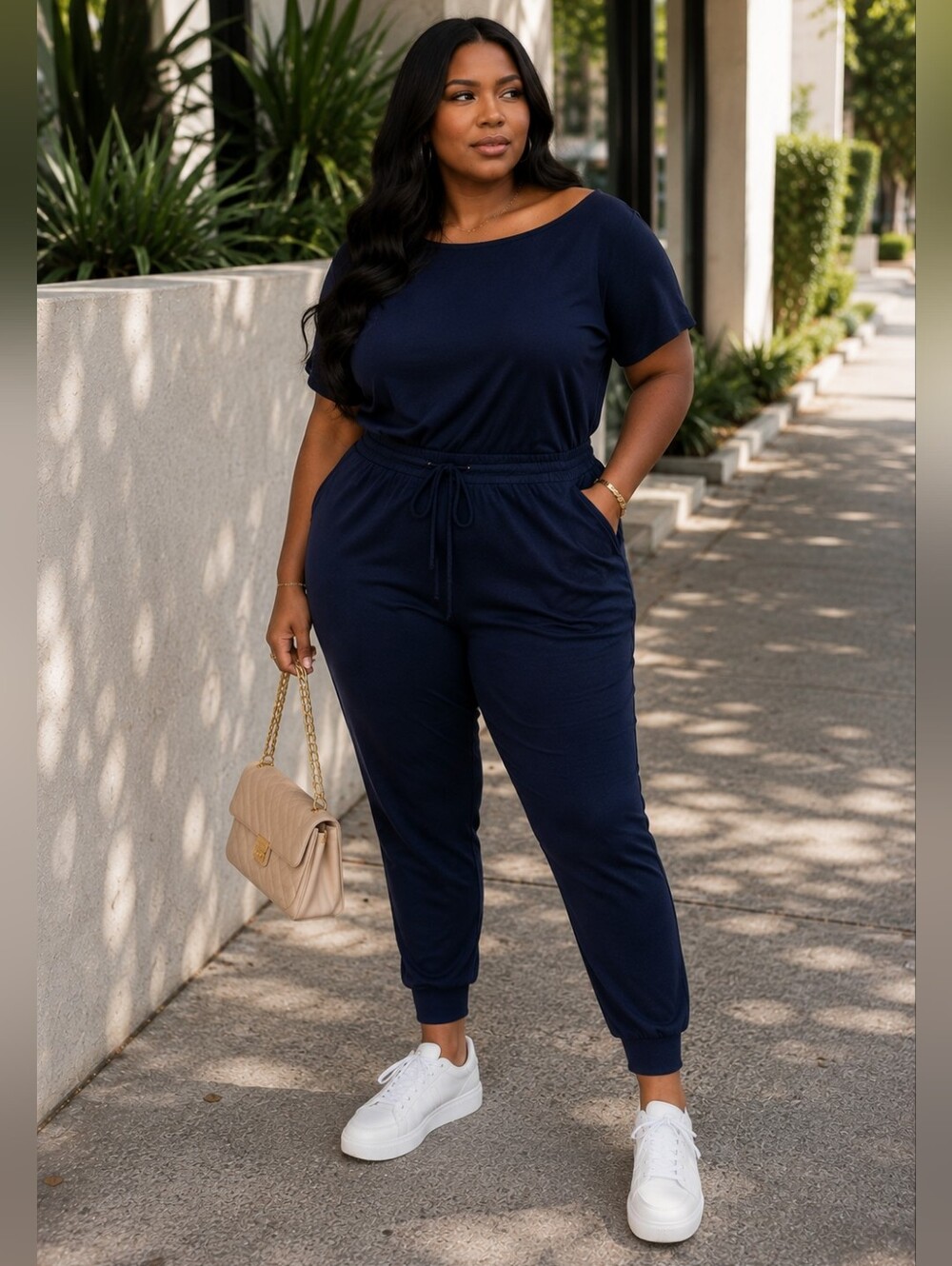 Plus Size Navy Jumpsuit Wide Neck Elastic Waist Soft Comfy Fit 2X